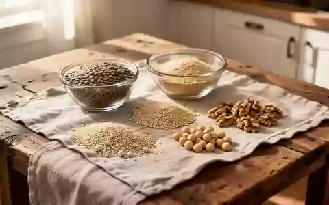 Verschiedene pflanzliche Proteinquellen wie Linsen, Quinoa, Kichererbsen und Nüsse auf einem Holztisch. - Foto: über boerse-global.de