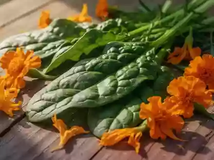 Nahaufnahme von frischen Spinatblättern und orangefarbenen Ringelblumenblüten auf einem rustikalen Holzhintergrund. - Foto: über boerse-global.de