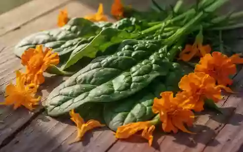 Nahaufnahme von frischen Spinatblättern und orangefarbenen Ringelblumenblüten auf einem rustikalen Holzhintergrund. - Foto: über boerse-global.de
