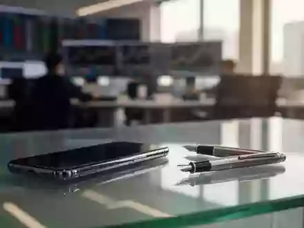 Moderner Schreibtisch in einem Finanzbüro mit Smartphone und Füller bei natürlichem Tageslicht. - Foto: über boerse-global.de