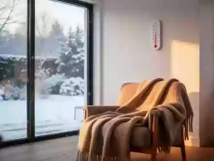 Ein helles Wohnzimmer mit einer gemütlichen Decke auf einem Sessel und Blick auf eine verschneite Gartenlandschaft. - Foto: über boerse-global.de