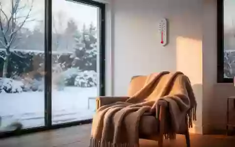 Ein helles Wohnzimmer mit einer gemütlichen Decke auf einem Sessel und Blick auf eine verschneite Gartenlandschaft. - Foto: über boerse-global.de
