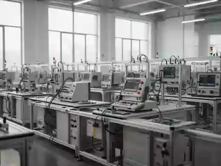 Ein minimalistisches Foto einer modernen Industrie-Fertigungshalle mit Präzisions-Montagestationen und elektrischen Prüfgeräten. - Foto: über boerse-global.de