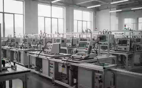 Ein minimalistisches Foto einer modernen Industrie-Fertigungshalle mit Präzisions-Montagestationen und elektrischen Prüfgeräten. - Foto: über boerse-global.de