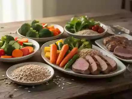 Gesunde Mahlzeit mit frischem Gemüse und Vollkornprodukten auf einem Holztisch bei natürlichem Licht - Foto: über boerse-global.de