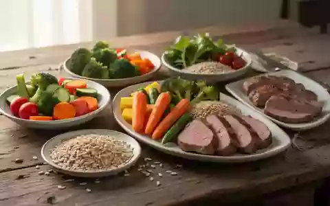 Gesunde Mahlzeit mit frischem Gemüse und Vollkornprodukten auf einem Holztisch bei natürlichem Licht - Foto: über boerse-global.de