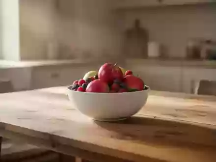 Ein minimalistischer Holztisch mit einer Schale frischem Obst in einer hellen, ruhigen Küche. - Foto: über boerse-global.de