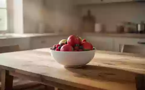 Ein minimalistischer Holztisch mit einer Schale frischem Obst in einer hellen, ruhigen Küche. - Foto: über boerse-global.de