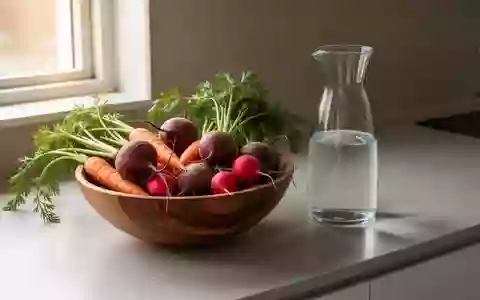 Eine minimalistische Küchenzeile mit frischem, rohem Gemüse in einer Holzschale und einer Glaskaraffe mit Wasser. - Foto: über boerse-global.de