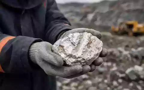 Ein Bergbauingenieur hält ein rohes Lithium-Mineral in den Händen vor einem unscharfen Industriegelände. - Foto: über boerse-global.de