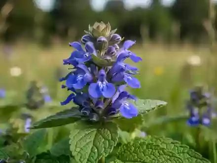 Nahaufnahme der blauen Blüten und grünen Blätter eines Baikal-Helmkrauts in einem sonnigen botanischen Garten. - Foto: über boerse-global.de