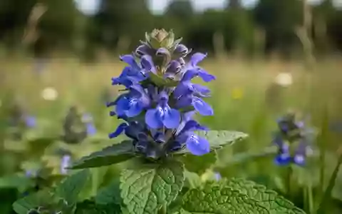 Nahaufnahme der blauen Blüten und grünen Blätter eines Baikal-Helmkrauts in einem sonnigen botanischen Garten. - Foto: über boerse-global.de