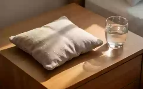 Ein Wärmekissen liegt auf einem Holztisch neben einem Glas Wasser in sanftem Morgenlicht. - Foto: über boerse-global.de
