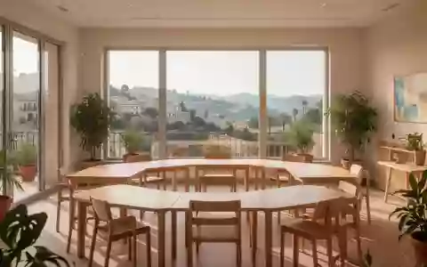 Ein heller, freundlicher Gemeinschaftsraum mit Blick auf eine mediterrane Landschaft und Holztischen in einem Kreis. - Foto: über boerse-global.de
