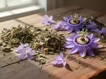 Nahaufnahme von getrockneten Heilkräutern und Passionsblumen auf einem rustikalen Holztisch bei natürlichem Licht. - Foto: über boerse-global.de