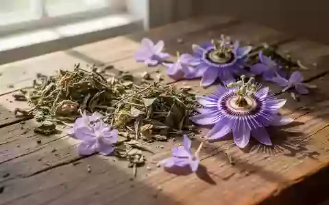 Nahaufnahme von getrockneten Heilkräutern und Passionsblumen auf einem rustikalen Holztisch bei natürlichem Licht. - Foto: über boerse-global.de