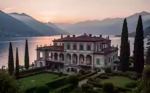 Die Villa Vigoni am Comer See in der Dämmerung, umgeben von Gärten und mit Blick auf die Alpen. - Foto: über boerse-global.de
