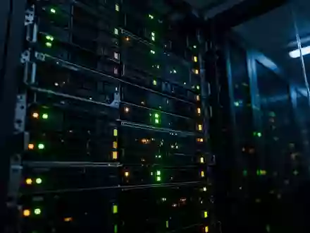 Dunkler Serverraum mit blinkenden LED-Statusleuchten an Rack-Servern bei Nacht. - Foto: über boerse-global.de
