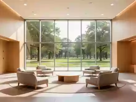 Lichter, moderner Empfangsbereich eines Gemeinschaftszentrums mit Blick auf einen grünen Park und natürlichem Tageslicht. - Foto: über boerse-global.de