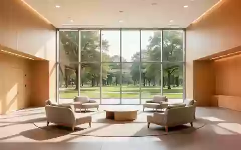 Lichter, moderner Empfangsbereich eines Gemeinschaftszentrums mit Blick auf einen grünen Park und natürlichem Tageslicht. - Foto: über boerse-global.de