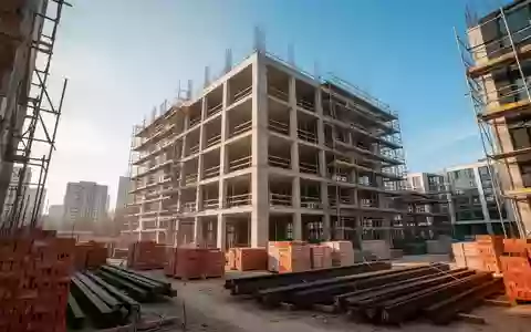 Eine Baustelle mit einem im Bau befindlichen Wohngebäude aus Stahlbeton in einem städtischen Umfeld. - Foto: über boerse-global.de