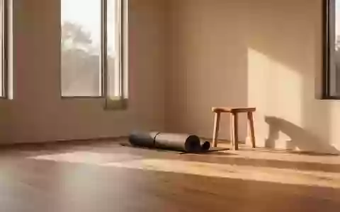 Ein minimalistisch eingerichteter, sonnendurchfluteter Yogaraum mit Holzboden und einer zusammengerollten Yogamatte. - Foto: über boerse-global.de