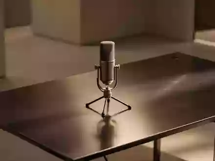 Ein professionelles Studiomikrofon auf einem minimalistischen, dunklen Schreibtisch in einer modernen, neutralen Umgebung. - Foto: über boerse-global.de