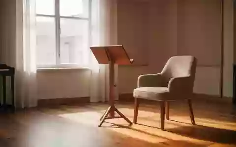 Ein sonnendurchfluteter Übungsraum mit einem hölzernen Notenständer in einer ruhigen, minimalistischen Umgebung. - Foto: über boerse-global.de