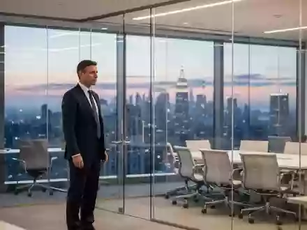Ein professioneller Geschäftsführer in einem modernen Bürogebäude mit Blick auf eine Skyline bei Dämmerung. - Foto: über boerse-global.de