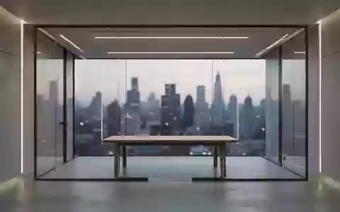Ein minimalistisches, modernes Büro mit leeren Konferenzräumen und Blick auf die Skyline bei Dämmerung. - Foto: über boerse-global.de