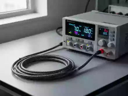 Ein moderner Arbeitsplatz in einem Elektrotechnik-Labor mit professionellen Stromversorgungsgeräten und einem hochwertigen Kabel. - Foto: über boerse-global.de