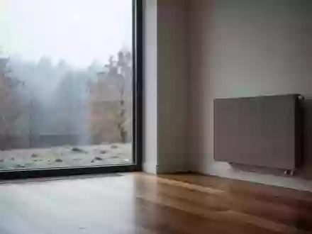 Ein minimalistisches Wohnzimmer mit einem Heizkörper an der Wand vor einem Fenster mit herbstlicher Außenansicht. - Foto: über boerse-global.de