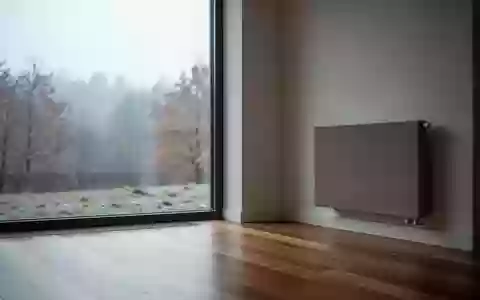 Ein minimalistisches Wohnzimmer mit einem Heizkörper an der Wand vor einem Fenster mit herbstlicher Außenansicht. - Foto: über boerse-global.de