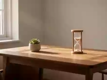 Ein minimalistischer Schreibtisch mit einer Sukkulente und einer Sanduhr in natürlichem Morgenlicht. - Foto: über boerse-global.de