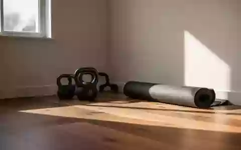 Ein minimalistischer Trainingsraum mit Hanteln und einer Yogamatte in natürlichem Licht. - Foto: über boerse-global.de