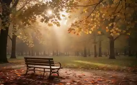 Ein herbstlicher Park mit gelb und orange gefärbten Blättern und einer leeren Parkbank im weichen Licht der tiefstehenden Sonne. - Foto: über boerse-global.de