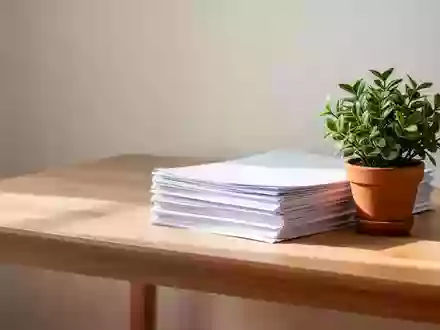 Ein minimalistischer Arbeitsplatz mit einem Holzschreibtisch, Papierunterlagen und einer kleinen Pflanze in natürlichem Licht. - Foto: über boerse-global.de