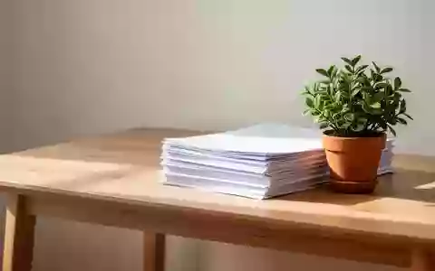 Ein minimalistischer Arbeitsplatz mit einem Holzschreibtisch, Papierunterlagen und einer kleinen Pflanze in natürlichem Licht. - Foto: über boerse-global.de