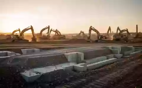 Eine Baustelle für Tiefbauarbeiten mit schwerem Gerät auf einer weitläufigen, aufgeschütteten Erdebene bei Dämmerungslicht. - Foto: über boerse-global.de