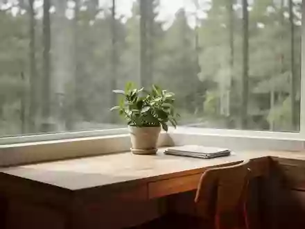 Ein aufgeräumter, lichtdurchfluteter Arbeitsplatz mit einem Holztisch und einer Pflanze vor einem Fenster mit Waldblick. - Foto: über boerse-global.de