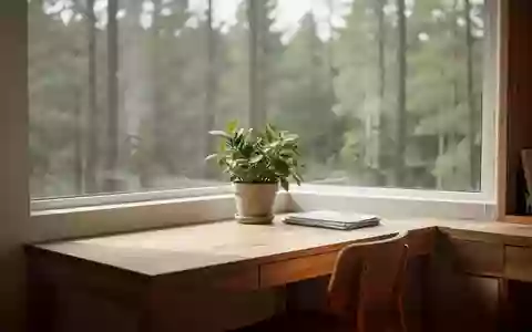 Ein aufgeräumter, lichtdurchfluteter Arbeitsplatz mit einem Holztisch und einer Pflanze vor einem Fenster mit Waldblick. - Foto: über boerse-global.de