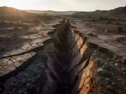 Tektonische Platten, die sich gegeneinander verschieben und tiefe Risse in einer kargen Landschaft bilden. - Foto: über boerse-global.de