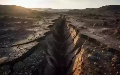 Tektonische Platten, die sich gegeneinander verschieben und tiefe Risse in einer kargen Landschaft bilden. - Foto: über boerse-global.de