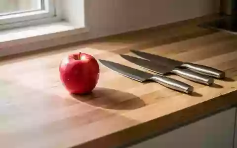 Ein heller, minimalistischer Küchentresen aus Holz mit einem frischen Apfel und Küchenmessern bei natürlichem Tageslicht. - Foto: über boerse-global.de