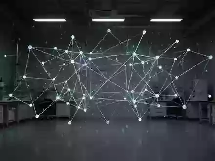 Abstrakte digitale Datenknoten und Linien, die ein komplexes Netzwerk in einem dunklen, leeren Laborraum bilden. - Foto: über boerse-global.de
