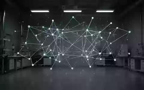 Abstrakte digitale Datenknoten und Linien, die ein komplexes Netzwerk in einem dunklen, leeren Laborraum bilden. - Foto: über boerse-global.de