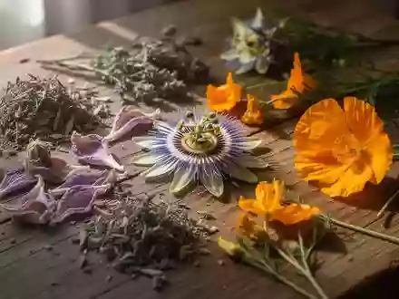 Getrocknete Heilpflanzen wie Passionsblumen und Goldmohn auf einem rustikalen Holztisch bei sanftem Tageslicht. - Foto: über boerse-global.de