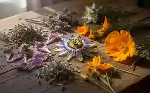 Getrocknete Heilpflanzen wie Passionsblumen und Goldmohn auf einem rustikalen Holztisch bei sanftem Tageslicht. - Foto: über boerse-global.de