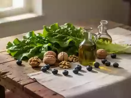Frische mediterrane Lebensmittel wie Blattgemüse, Nüsse, Beeren und Olivenöl auf einem schlichten Holztisch. - Foto: über boerse-global.de