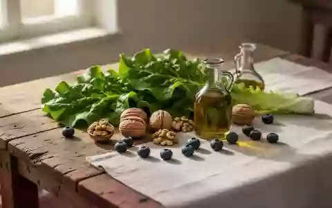 Frische mediterrane Lebensmittel wie Blattgemüse, Nüsse, Beeren und Olivenöl auf einem schlichten Holztisch. - Foto: über boerse-global.de